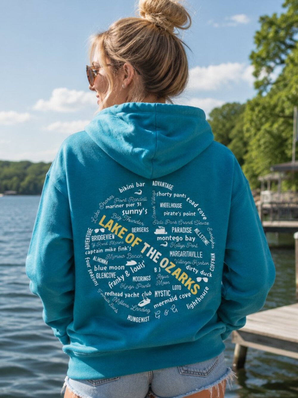 Lake of the Ozarks Hoodie Upcycled Teal Zip-Up Sweatshirt Landmarks Marinas Sz M